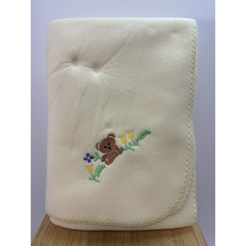 Vintage Yellow Baby Blanket With Brown Bear Embroidery Purple Flower‎ Fabulux